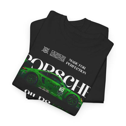 Porsche 911 RS Men's T-Shirt folded, showcasing a striking graphic of a green sports car, embodying strength and elegance for performance enthusiasts.