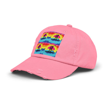 Stylish Unisex Distressed Paddleboarders Cap in pink, adorned with a unique fantasy design of paddleboarders, ideal for water lovers seeking elegance and sun protection.