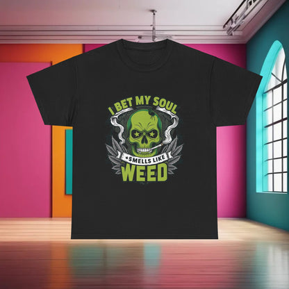 420 Cannabis Marijuana Graphic T-Shirt featuring a bold skull design with green accents and the phrase 'I Bet My Soul Smells Like Weed', perfect for urban streetwear enthusiasts.