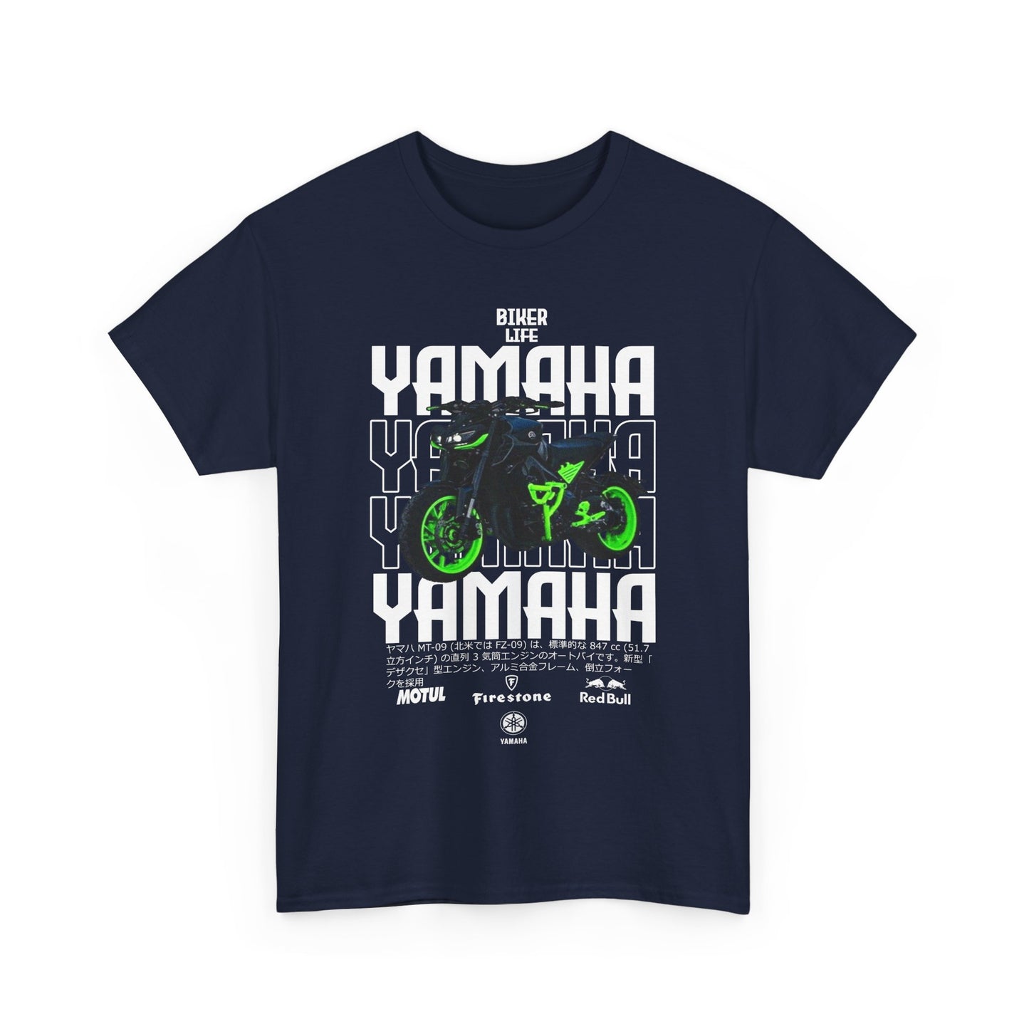 Front view of a high-end navy men's T-shirt featuring a bold Yamaha motorcycle graphic, highlighting the biker life theme with striking green accents.