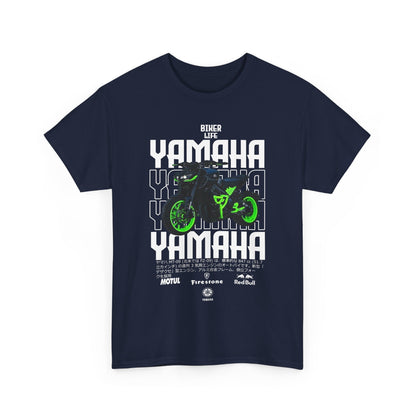 Front view of a high-end navy men's T-shirt featuring a bold Yamaha motorcycle graphic, highlighting the biker life theme with striking green accents.