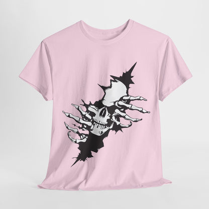 Unisex Ripped Skull Graphic Tee - Exquisite pink tee featuring a striking skull design with skeletal hands, emerging from a distressed backdrop, ideal for making a bold fashion statement.