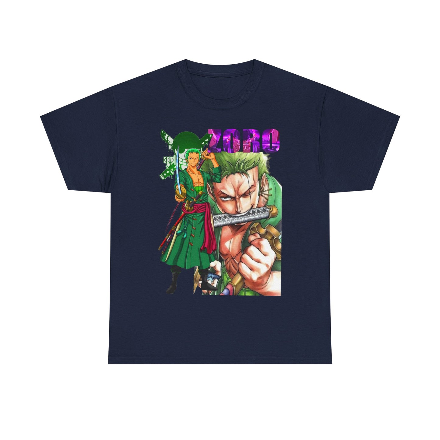 Luxurious Roronoa Zoro graphic T-shirt featuring bold illustrations, ideal for anime enthusiasts, showcasing vibrant colours and intricate details.