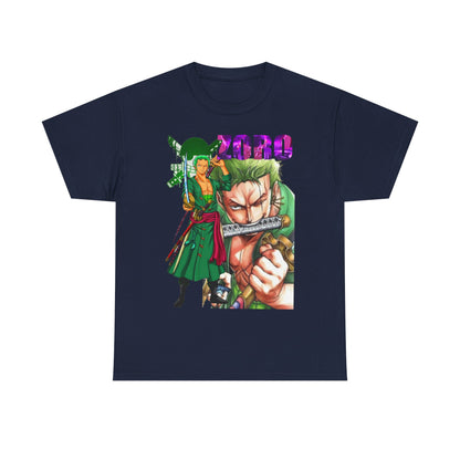 Luxurious Roronoa Zoro graphic T-shirt featuring bold illustrations, ideal for anime enthusiasts, showcasing vibrant colours and intricate details.