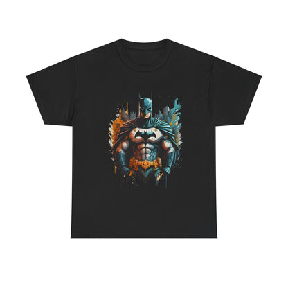 Unleash the Power of Gotham: Batman Graphic Unisex Graphic Tee Shirt featuring a dynamic illustration of Batman in a powerful pose with a striking urban backdrop, embodying strength and heroic presence.
