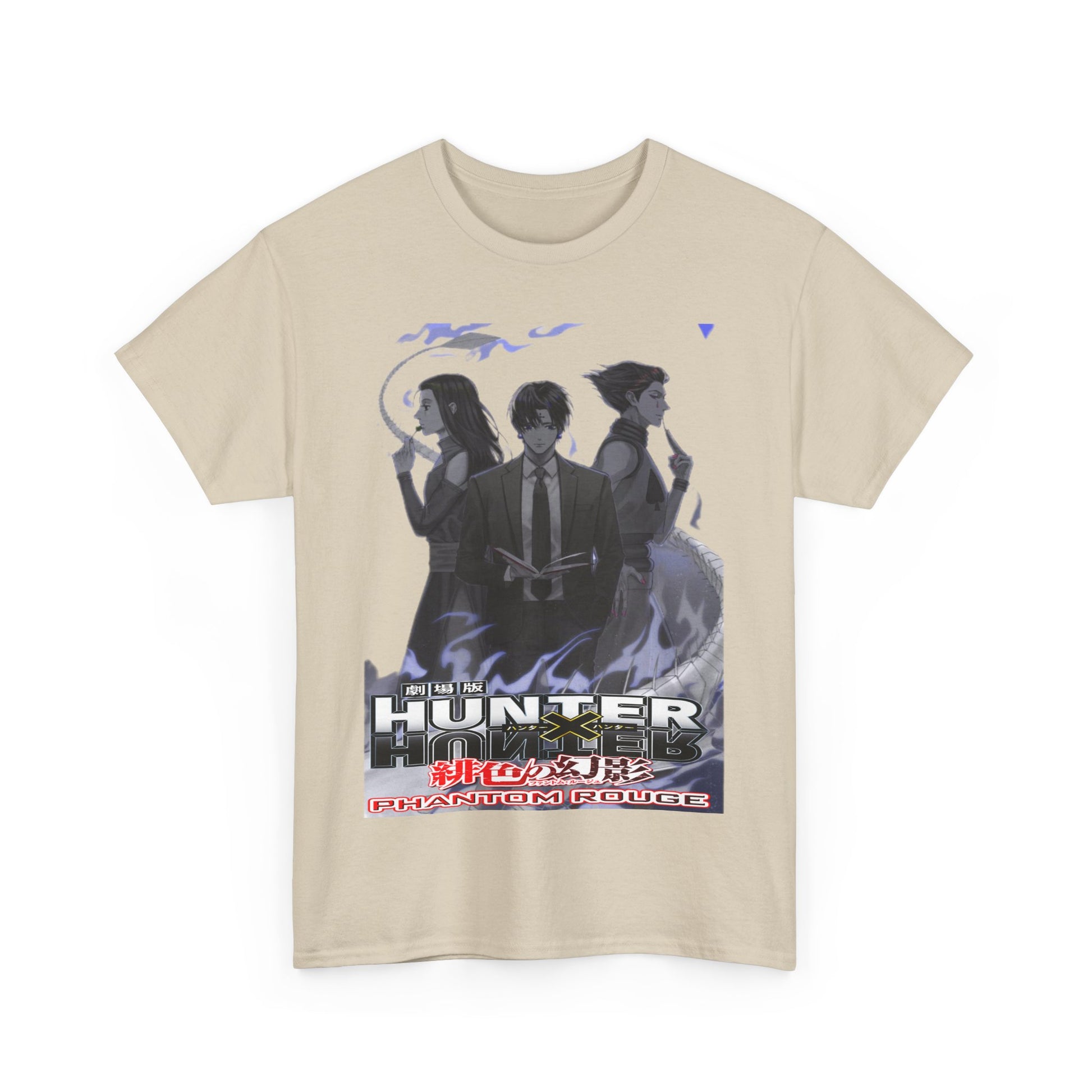 Premium Hunter x Hunter inspired T-shirt featuring iconic characters in a striking grayscale design against a smoky backdrop, perfect for anime enthusiasts.