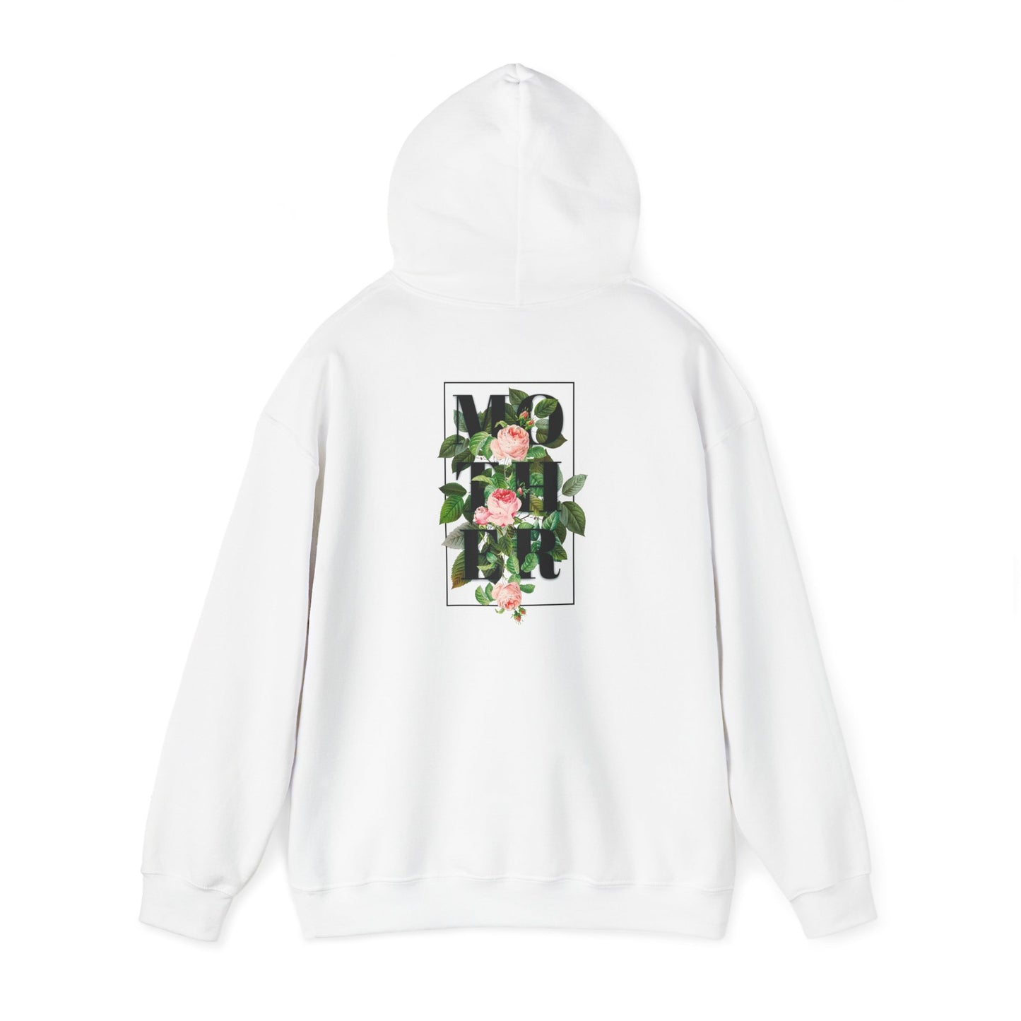 Elegant white hoodie featuring a bold 'MOTHER' design intricately surrounded by vibrant roses and lush green leaves, showcasing a sophisticated floral print.