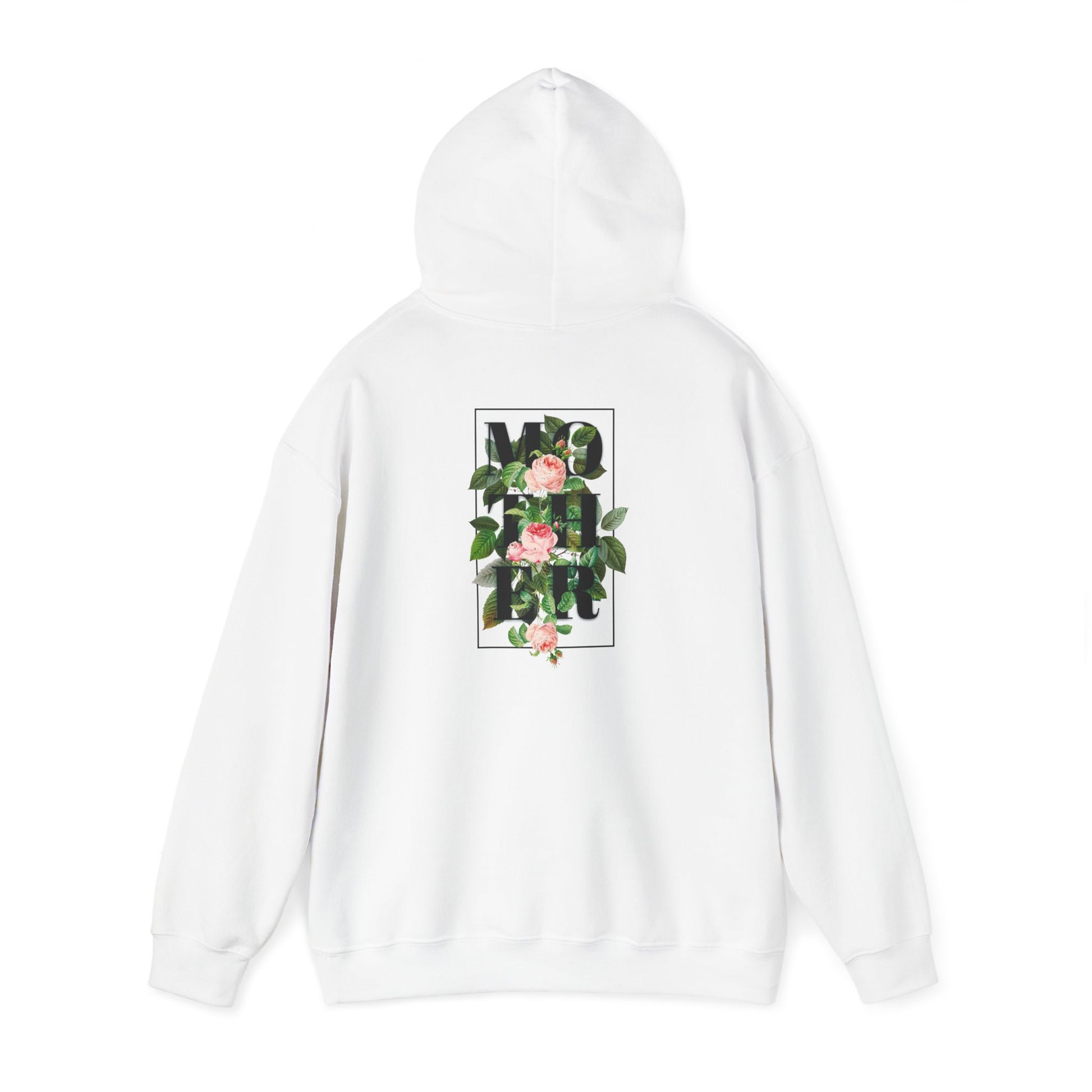 Elegant white hoodie featuring a bold 'MOTHER' design intricately surrounded by vibrant roses and lush green leaves, showcasing a sophisticated floral print.