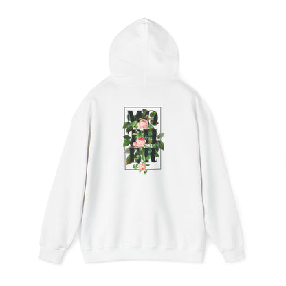 Elegant white hoodie featuring a bold 'MOTHER' design intricately surrounded by vibrant roses and lush green leaves, showcasing a sophisticated floral print.
