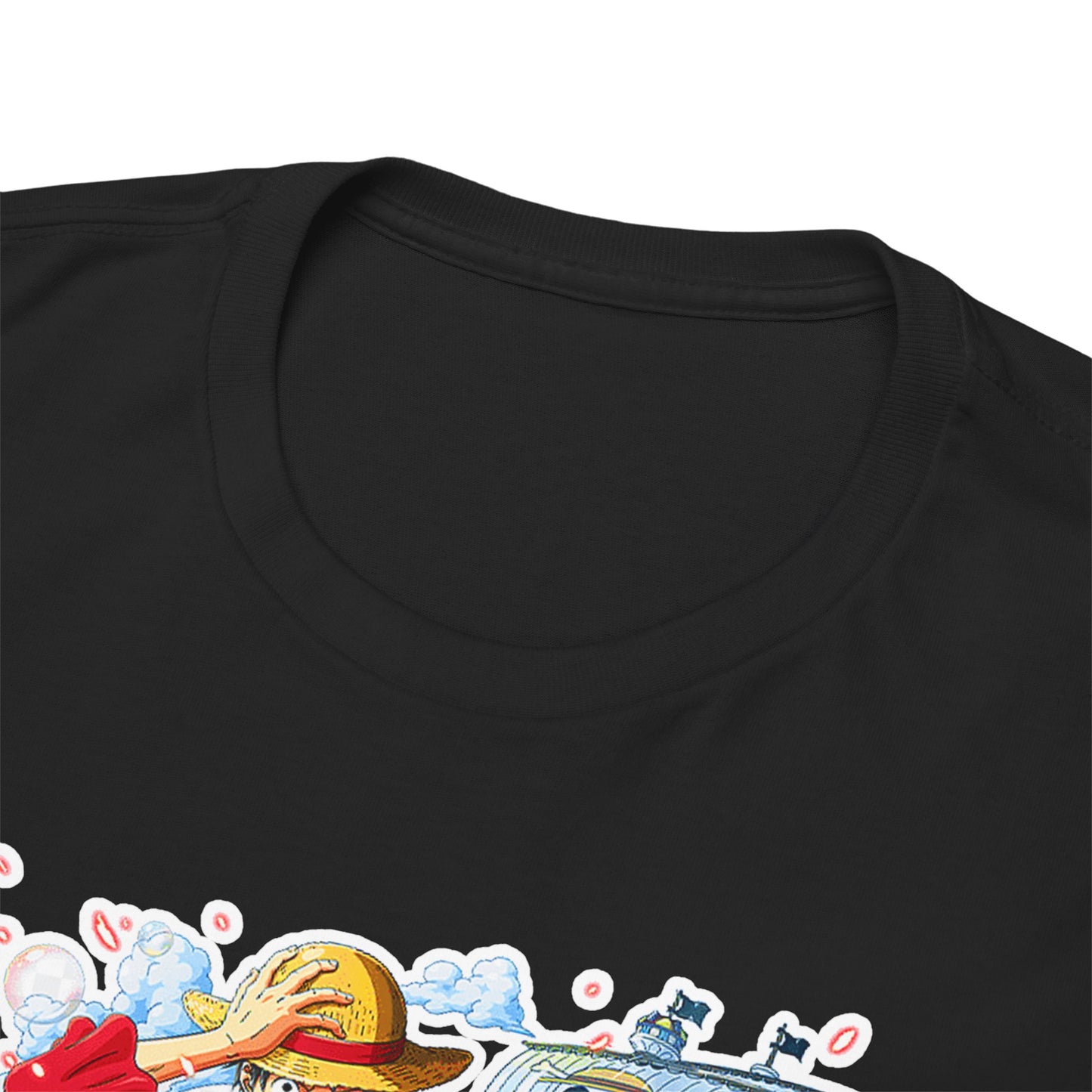 Close-up view of the neckline of a luxurious black t-shirt, showcasing the impeccably crafted fabric and vibrant anime character artwork that embodies style and comfort.
