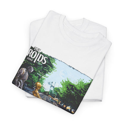 The Droids Star Wars the Beatles Abbey Road Mashup Graphic T Shirt Tee showcasing vibrant droid illustration against lush greenery.