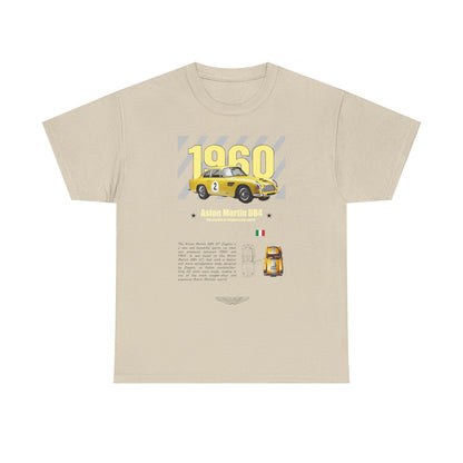 Stylish men's t-shirt in a muted beige tone, adorned with a striking graphic of the iconic 1960 Aston Martin DB4 GT Zagato, highlighting its design excellence and timeless appeal.