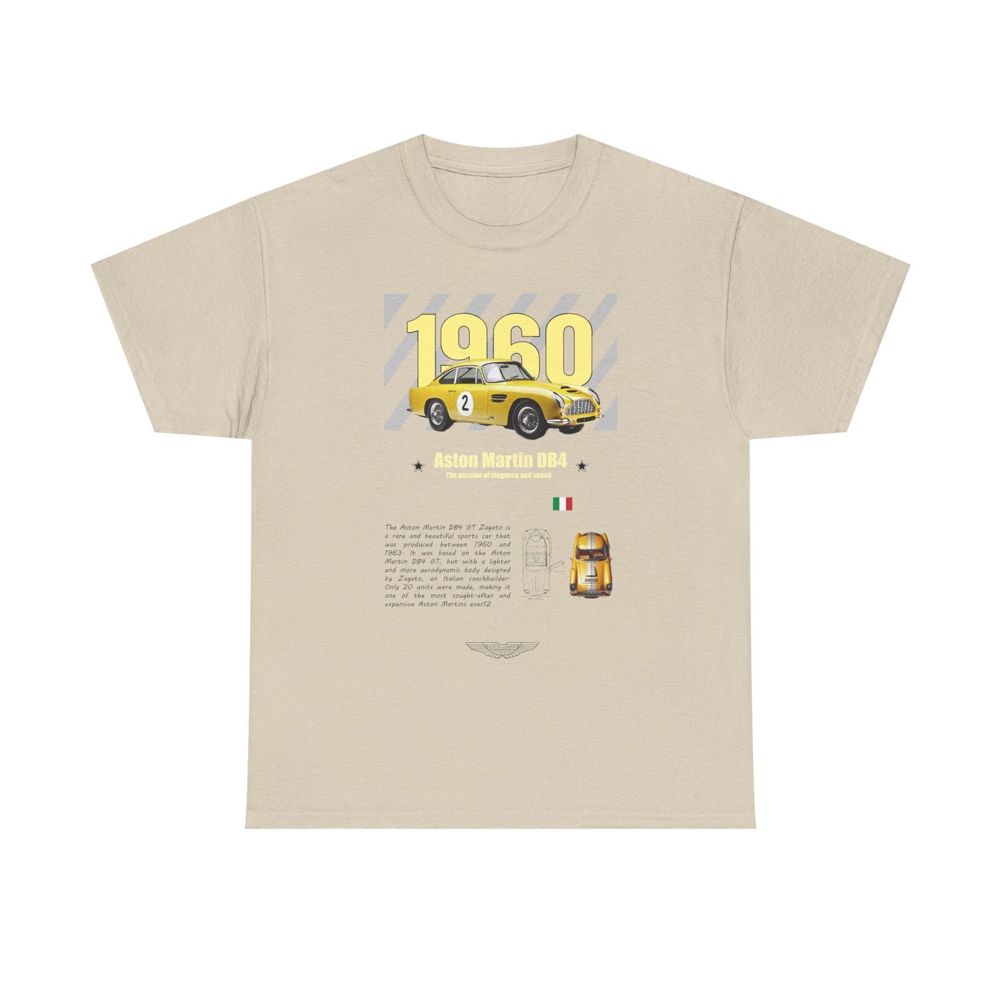 Refined Aston Martin DB4 GT Zagato t-shirt with a classic yellow sports car graphic, the year 1960 featured prominently against a soft beige background. A perfect addition for discerning gentlemen and car aficionados.