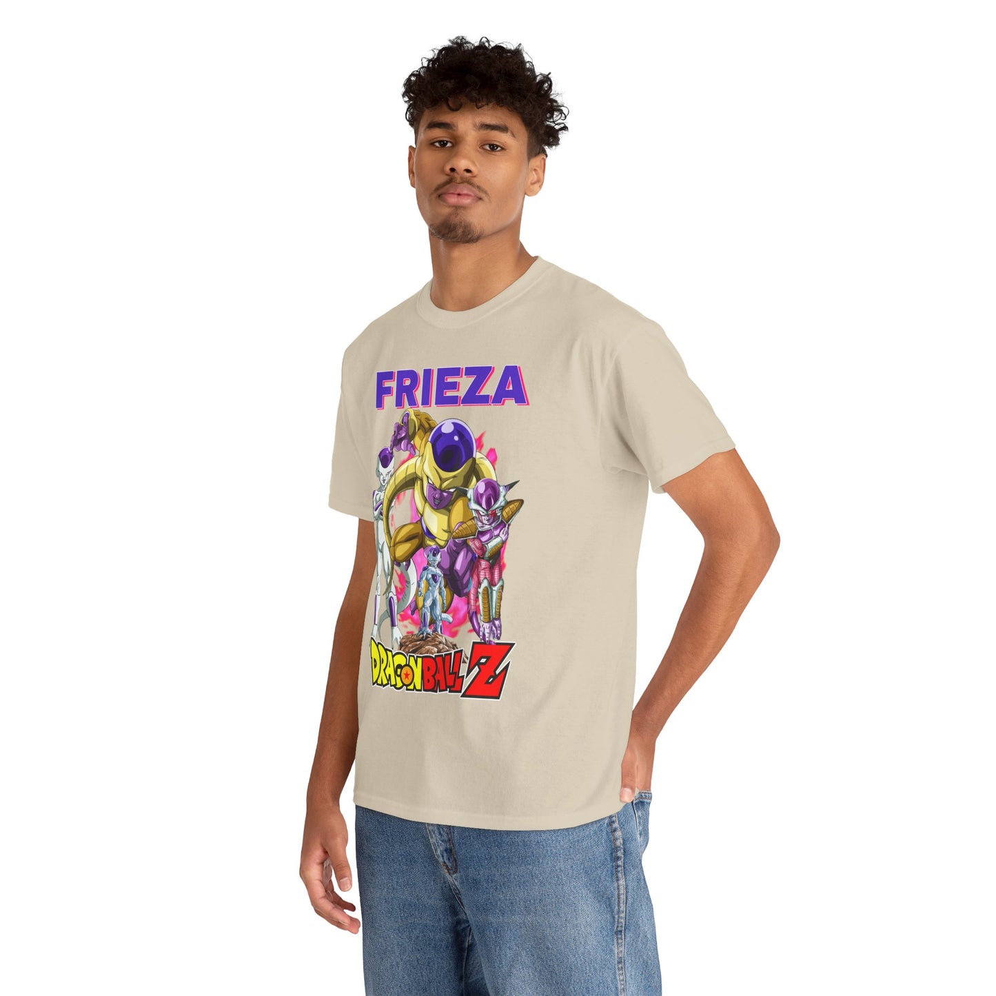 Premium Frieza Force T-shirt showcasing a bold Dragon Ball Z graphic on a light beige background, featuring the iconic Frieza character in a captivating action pose.