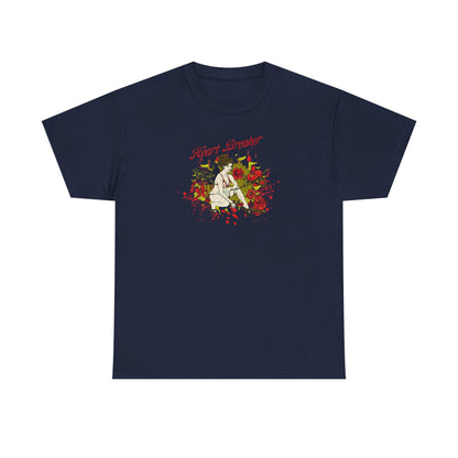 Elegant navy men's graphic t-shirt showcasing a captivating heartbreaker illustration adorned with roses, combining classic tattoo art aesthetics in a sophisticated style.