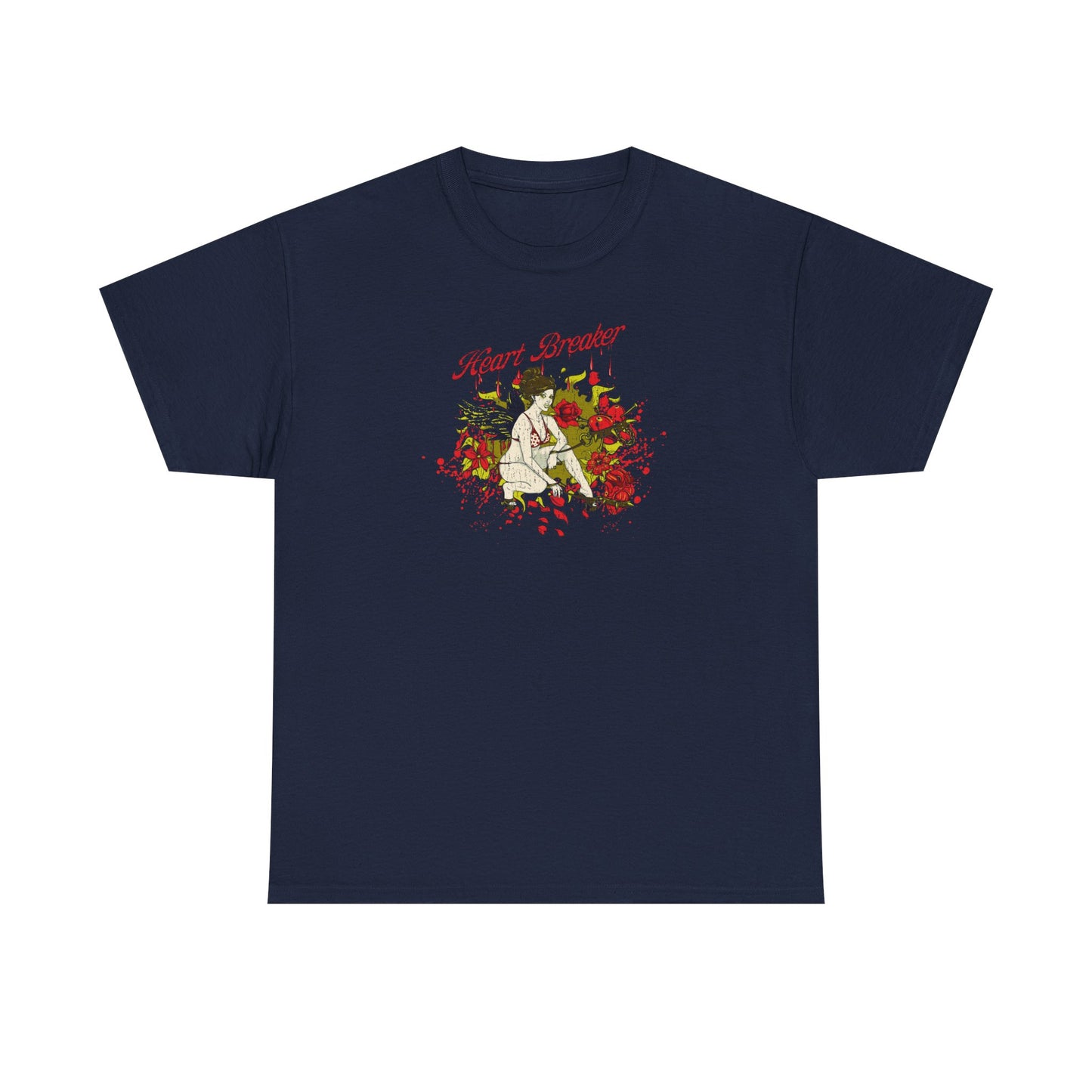 Elegant navy men's graphic t-shirt featuring a stylish pin-up design amidst roses and hearts, perfect for a polished yet playful look.