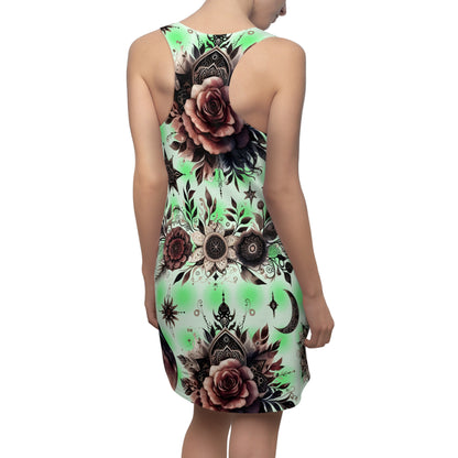 Chic Women's Designer Racerback Dress featuring a stunning floral and geometric pattern, perfect for stylish summer outings and beach events.