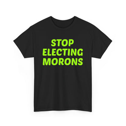 Stylish unisex cotton graphic t-shirt featuring the bold slogan 'Stop Electing Morons', perfect for urban street wear.