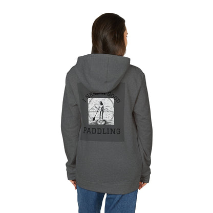 Back view of model in Adidas Women’s Fleece 'I Need a Good Paddling' Hoodie, exuding chic warmth in elegant grey.