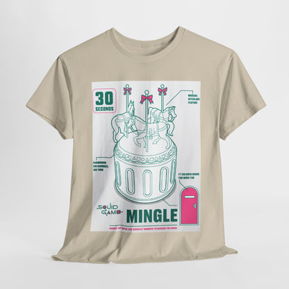 Luxurious Squid Game-inspired unisex graphic t-shirt featuring a playful carousel design, elegantly printed in pastel colours on a soft fabric.