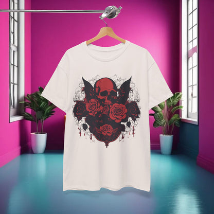 Front view of Skulls and Roses Cotton Tee showcasing a striking steampunk design with skulls and roses, perfect for making a bold fashion statement.