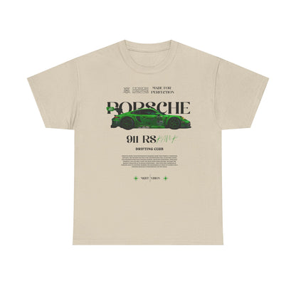 High-end beige men's t-shirt displaying a refined graphic of a green Porsche 911 RS, with 'DRIFTING CLUB' branding, perfect for luxury motorsport lovers.