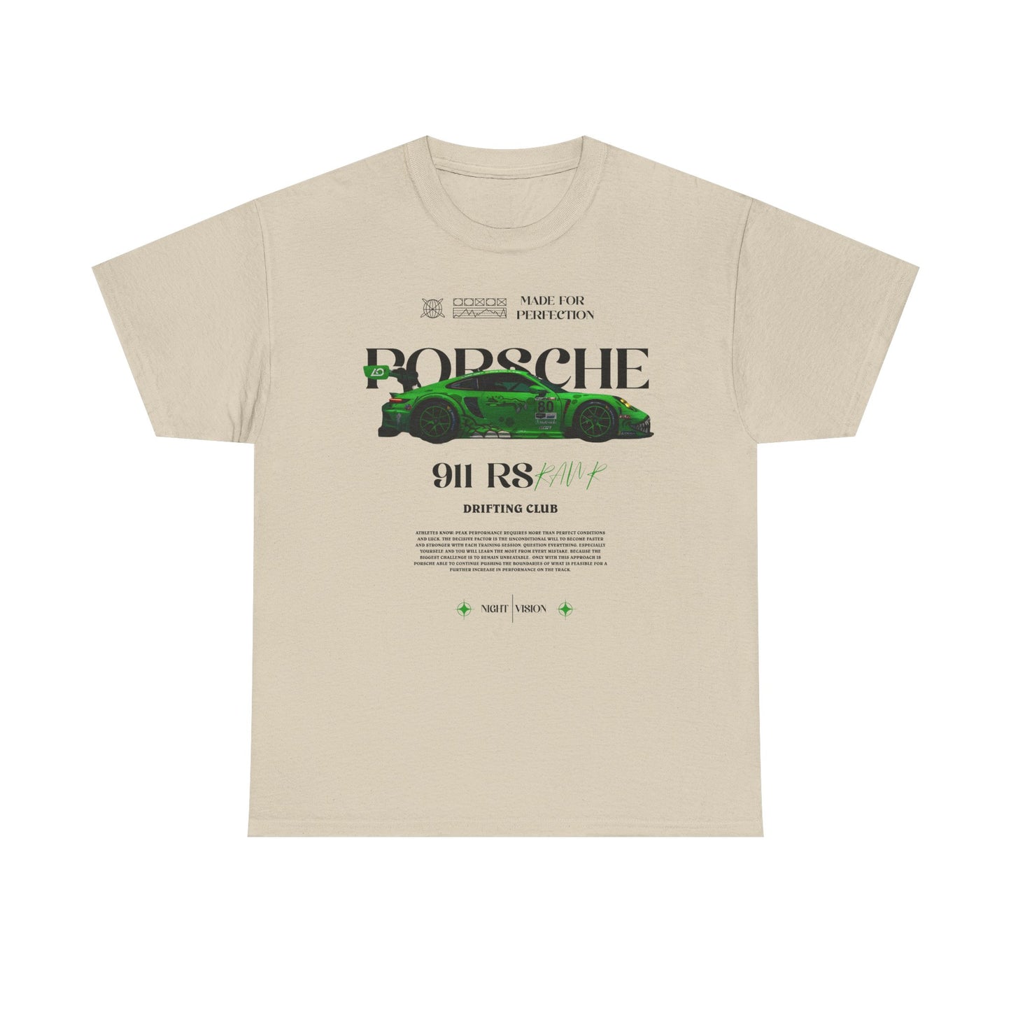 Chic beige Porsche 911 RS men's t-shirt displaying a sleek green car design, adorned with '911 RS KAMP' and artistic text, perfect for car enthusiasts.