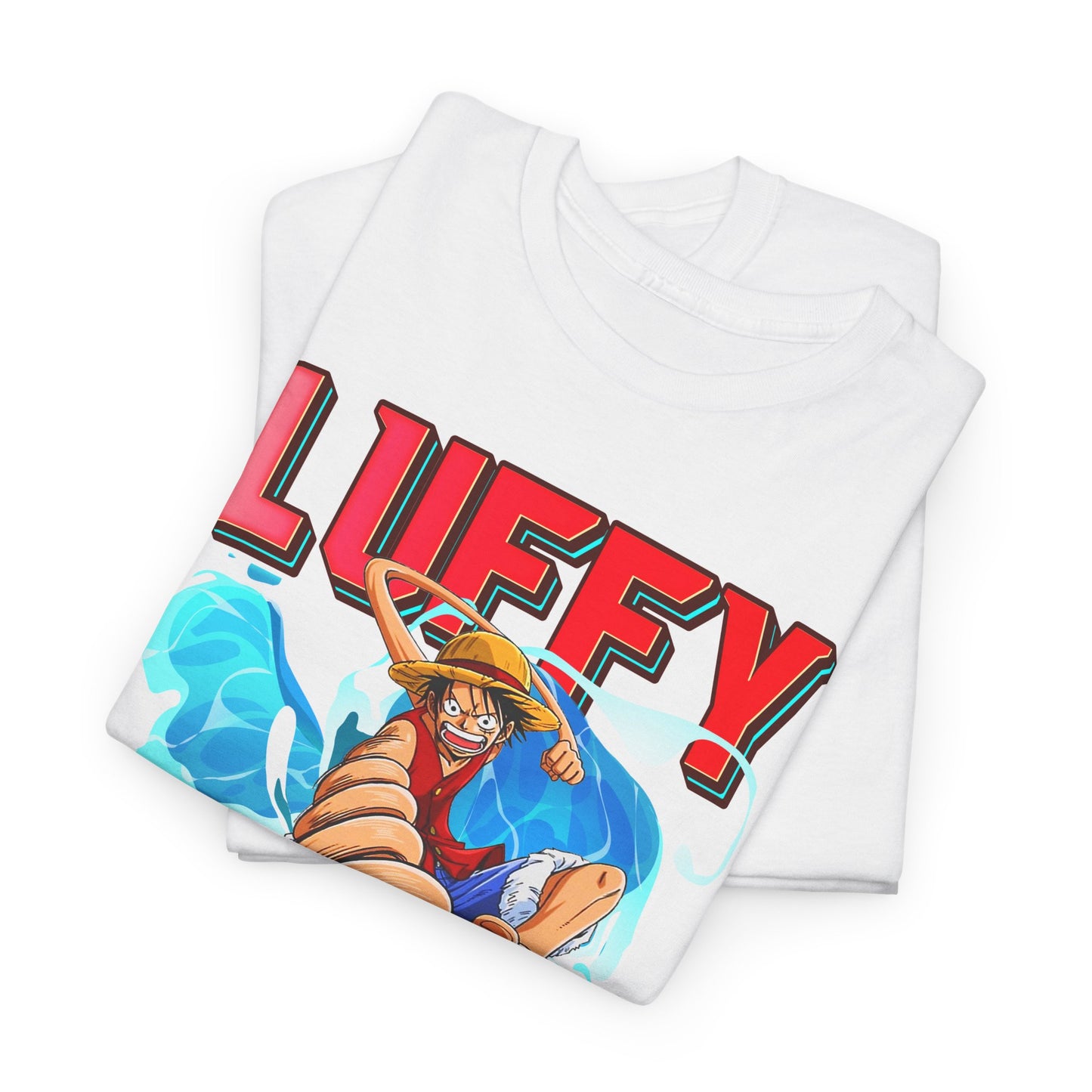 Neatly folded luxury graphic t-shirts featuring an artistic print of Luffy, symbolising adventure and camaraderie in a contemporary and fashionable aesthetic.