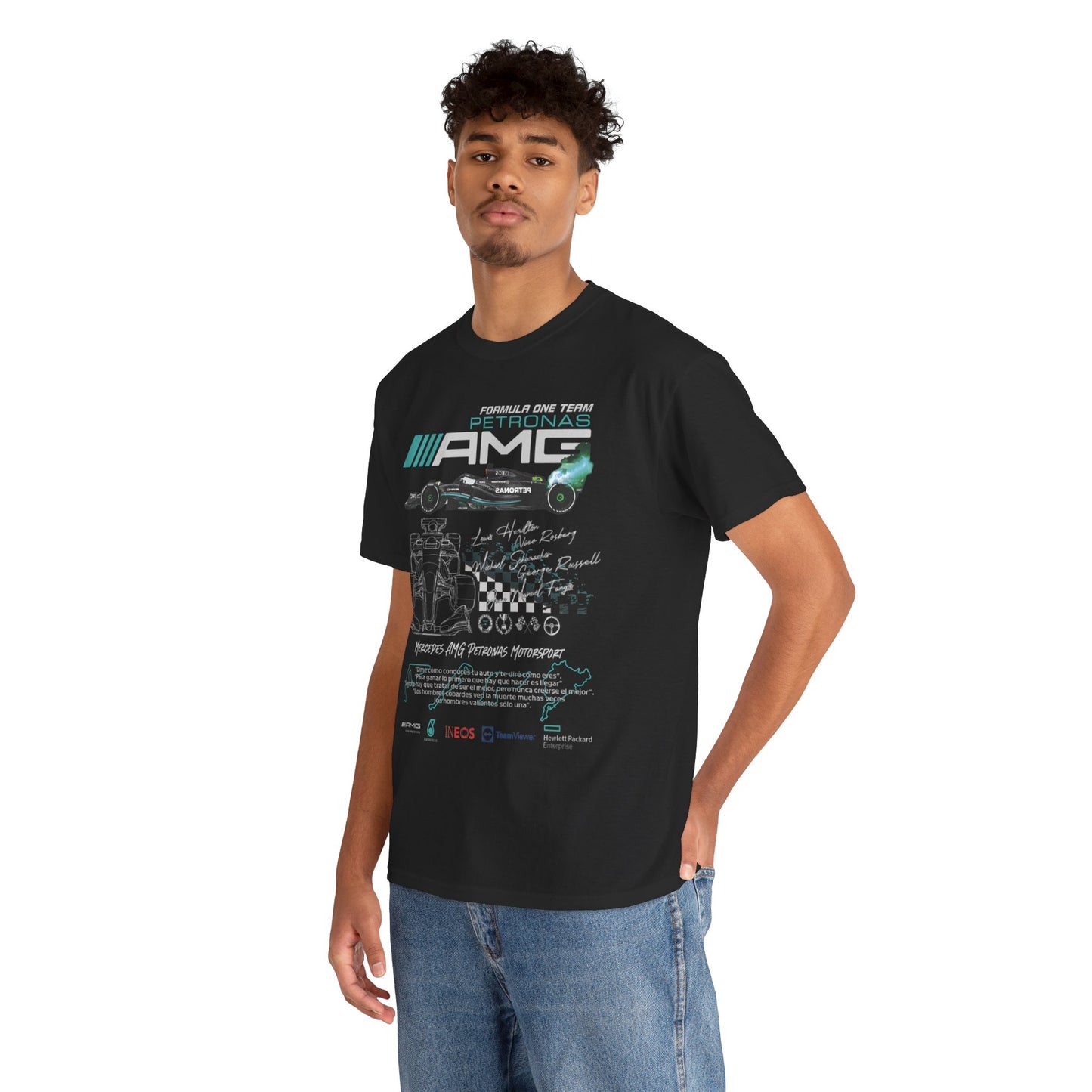 Stylish model wearing a black F1 Petronas AMG Mercedes T-shirt, proudly displaying intricate race car graphics and iconic driver names.