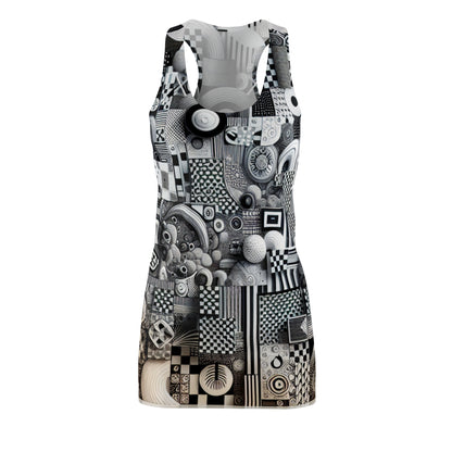 Valentina Belleveau Racerback Dress featuring a contemporary checkerboard pattern with organic shapes on a white backdrop, crafted by Dazzling Dreams Studio for a luxurious and stylish look.