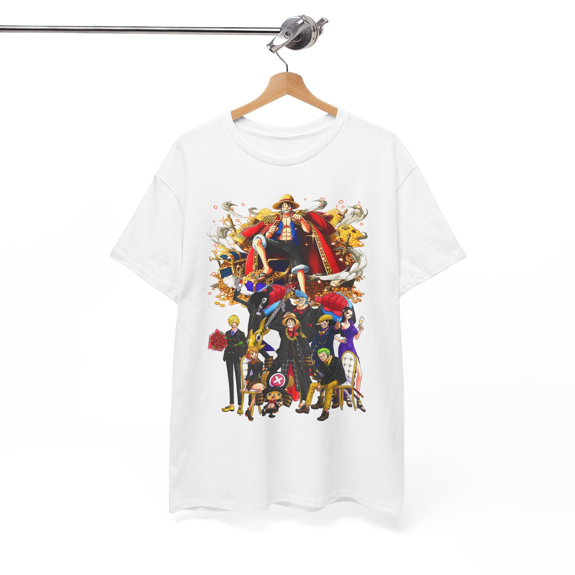 Exquisite hanging t-shirt showcasing dynamic anime artwork with vivid character representation surrounded by treasures, exemplifying luxury fashion for dedicated anime lovers.