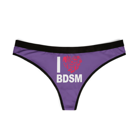 Luxury purple women's thong featuring a bold 'I love BDSM' graphic design, perfect for playful and cheeky romantic occasions.