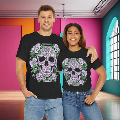 Skulls and Roses Cotton Tee worn by a man and a woman, showcasing an elegant steampunk design with skulls and roses, ideal for fashion enthusiasts.