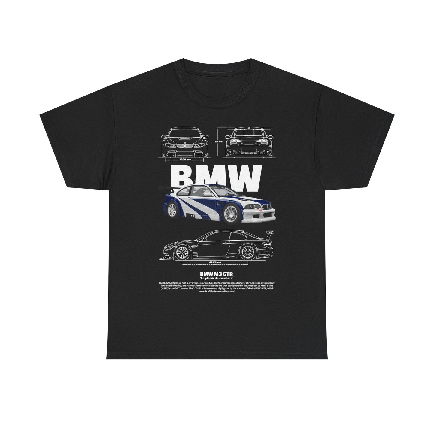 Elegant black men's T-shirt showcasing a stunning illustration of the legendary BMW M3 GTR race car, accompanied by technical blueprints. The prominent 'BMW' logo adds a touch of refinement, ideal for automotive aficionados.