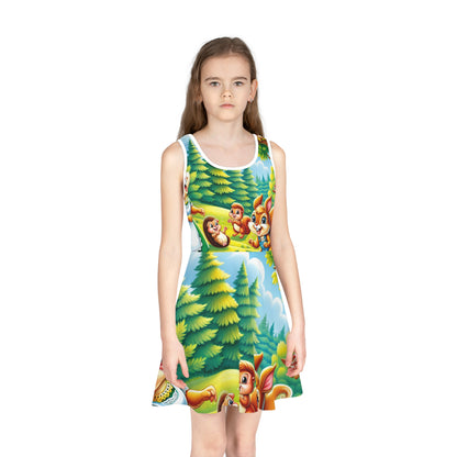 Close-up of playful woodland creatures adorning the Sophia Poppington Sundress by Dazzling Dreams Studio, designed for comfort and style during warm weather.