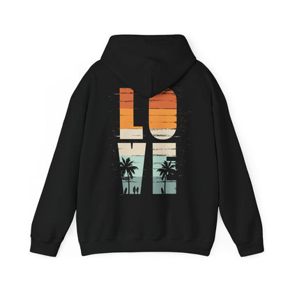 Sophisticated Vintage Love Back Print Hoodie in black, featuring a striking retro graphic design with bold orange and teal colours, highlighting palm trees and wave outlines for a fashionable coastal aesthetic.