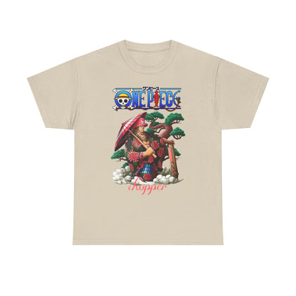 Chic beige men's t-shirt displaying a unique design of Chopper from One Piece, capturing his playful spirit in traditional Japanese clothing, surrounded by delicate clouds and greenery.