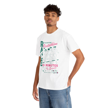 Fashionable Squid Game graphic tee worn by a model, illustrating a whimsical race theme, ideal for those with an eye for distinctive and bold apparel.