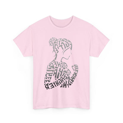 Front design of a premium pink unisex Fighter Girl graphic t-shirt, showcasing an artistic silhouette of a strong woman formed from stylish typography.