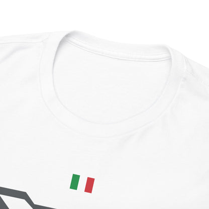 Close-up view of the neckline of a premium Aston Martin DB4 t-shirt, emphasising quality fabric and intricate detailing.