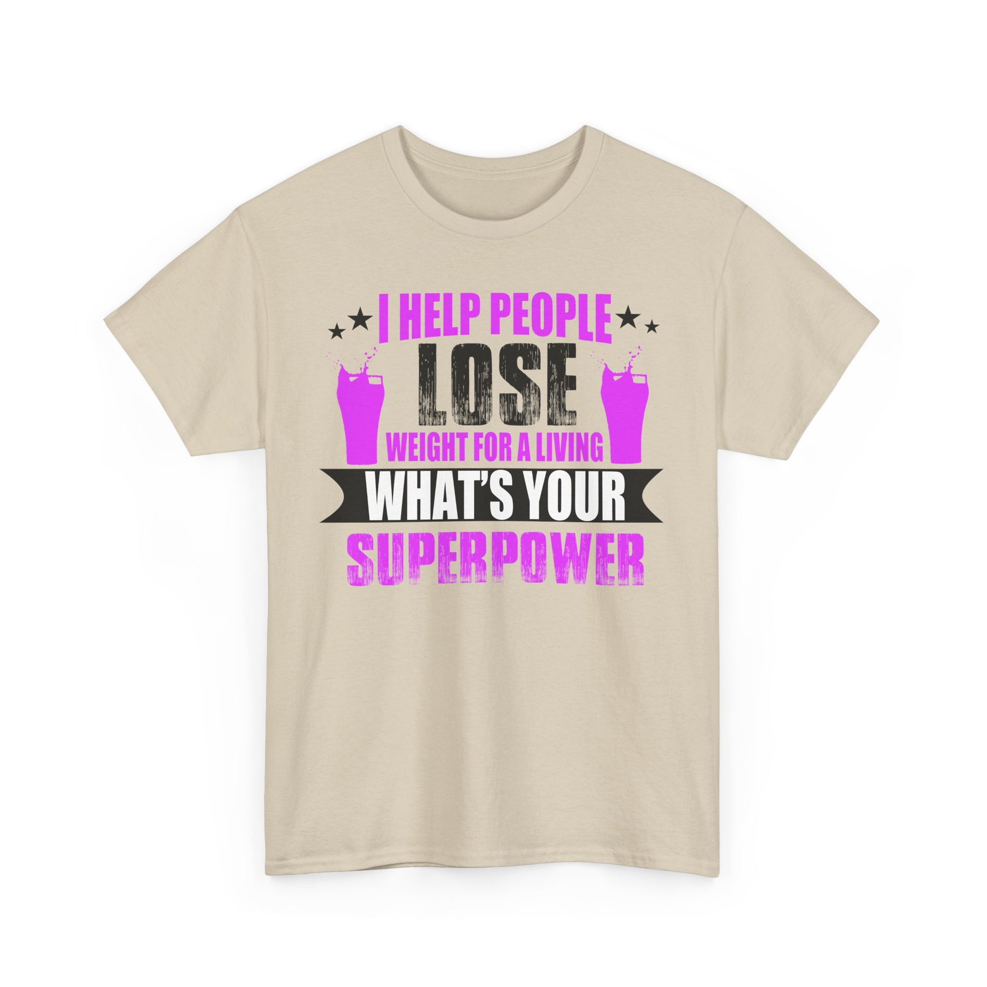 Stylish beige unisex T-shirt front view with motivational graphic design, featuring bold typography and vibrant fuchsia elements promoting empowerment in fitness.