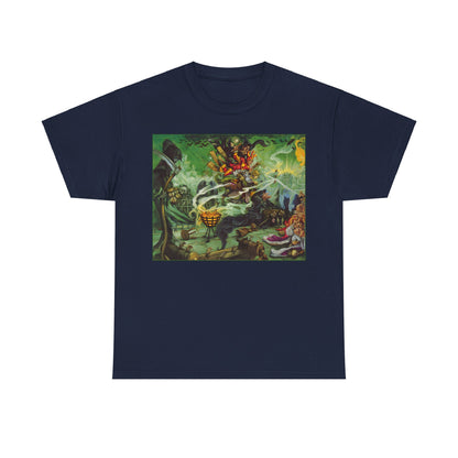 Elegant Discworld Wyrd Sisters Graphic Unisex T Shirt Tee displaying a vivid portrayal of whimsical sorcery and storytelling.