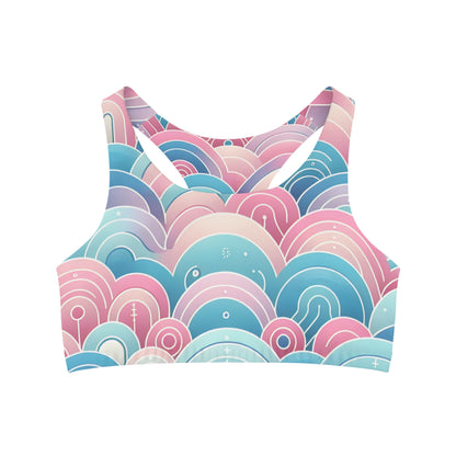 Marcella Kensington Pastel Gradient Sports Bra showcasing a beautiful transition of pastel pink, blue, and purple, epitomising high performance and soft support in eco-friendly fitness wear.