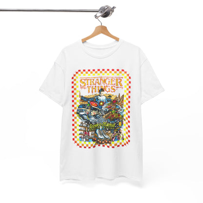 Stylish white t-shirt displayed on a hanger, showcasing the playful 'Stranger Things Rink O Mania' graphic, a must-have for discerning pop culture enthusiasts.