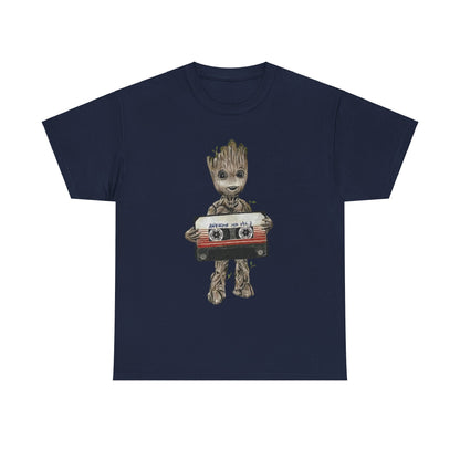 Baby Groot Awesome Mixtape Unisex Men´s Women´s Graphic T Shirt Tee in a deep navy colour showcasing a charming design of Baby Groot with a cassette.