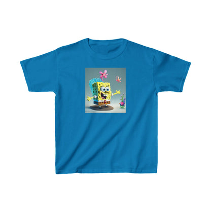 Kids SpongeBob Heavy Cotton Tee in Blue, featuring a delightful SpongeBob character amidst whimsical flowers, perfect for everyday adventure.