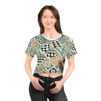 Vivienne Belmont Crop Top by Dazzling Dreams Studio, featuring an elegant pastel green hue with a unique checkerboard and organic pattern design.