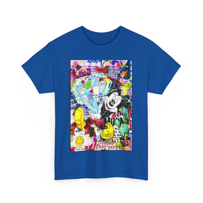 Front view of the luxury unisex Mickey Mouse Graffiti Graphic T-Shirt Tee in blue, showcasing vibrant artistic design featuring Mickey Mouse amid colourful graffiti.