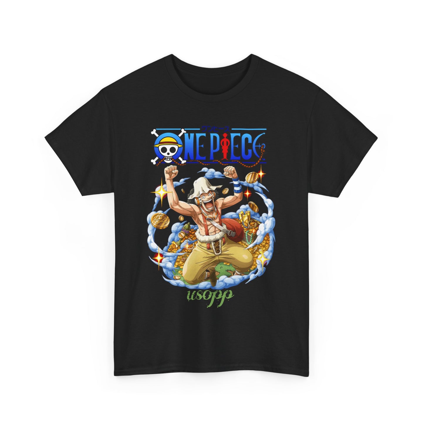 Elegant black Usopp t-shirt with a modern fit, featuring a dynamic One Piece graphic of Usopp in an exuberant pose, adorned with gold accents and cloud motifs.