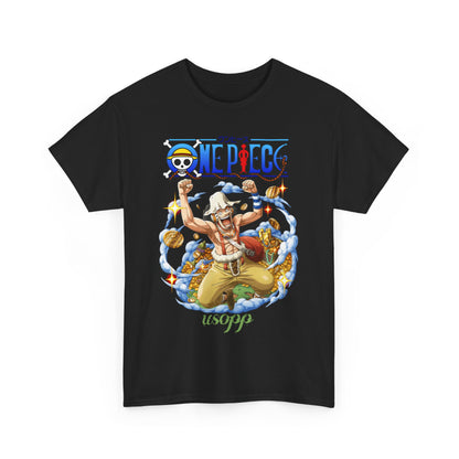 Elegant black Usopp t-shirt with a modern fit, featuring a dynamic One Piece graphic of Usopp in an exuberant pose, adorned with gold accents and cloud motifs.